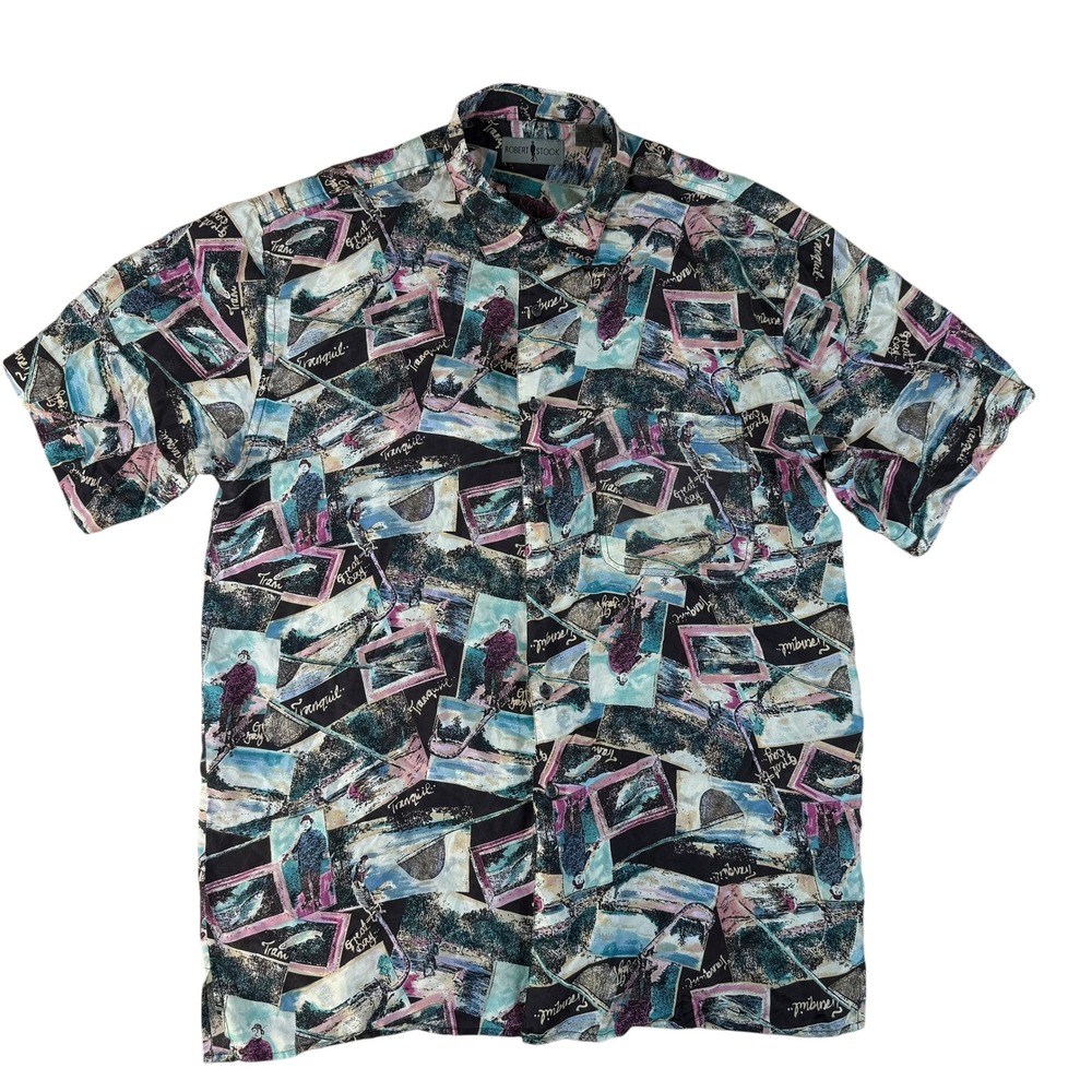 Vintage Fishing Graphic Silk‎ Shirt Short Sleeve Large Robert Stock